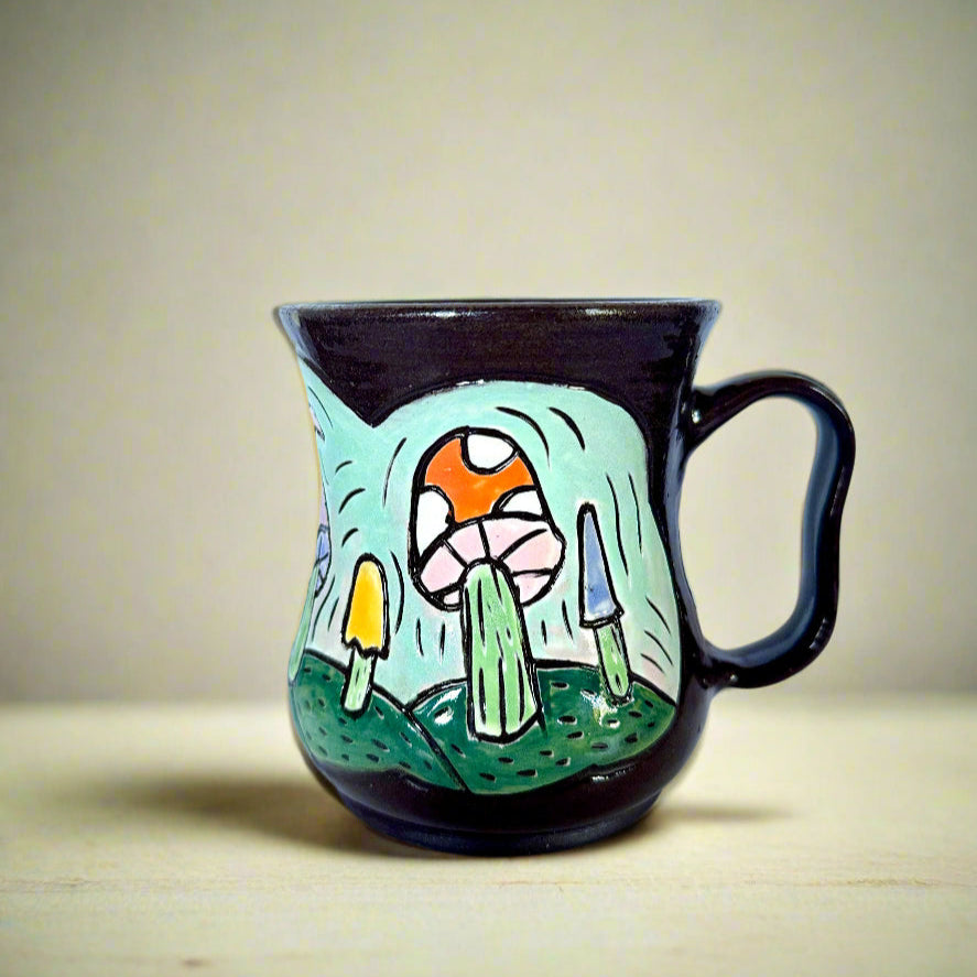 dark brown mug with a colorful mushroom design on a white background