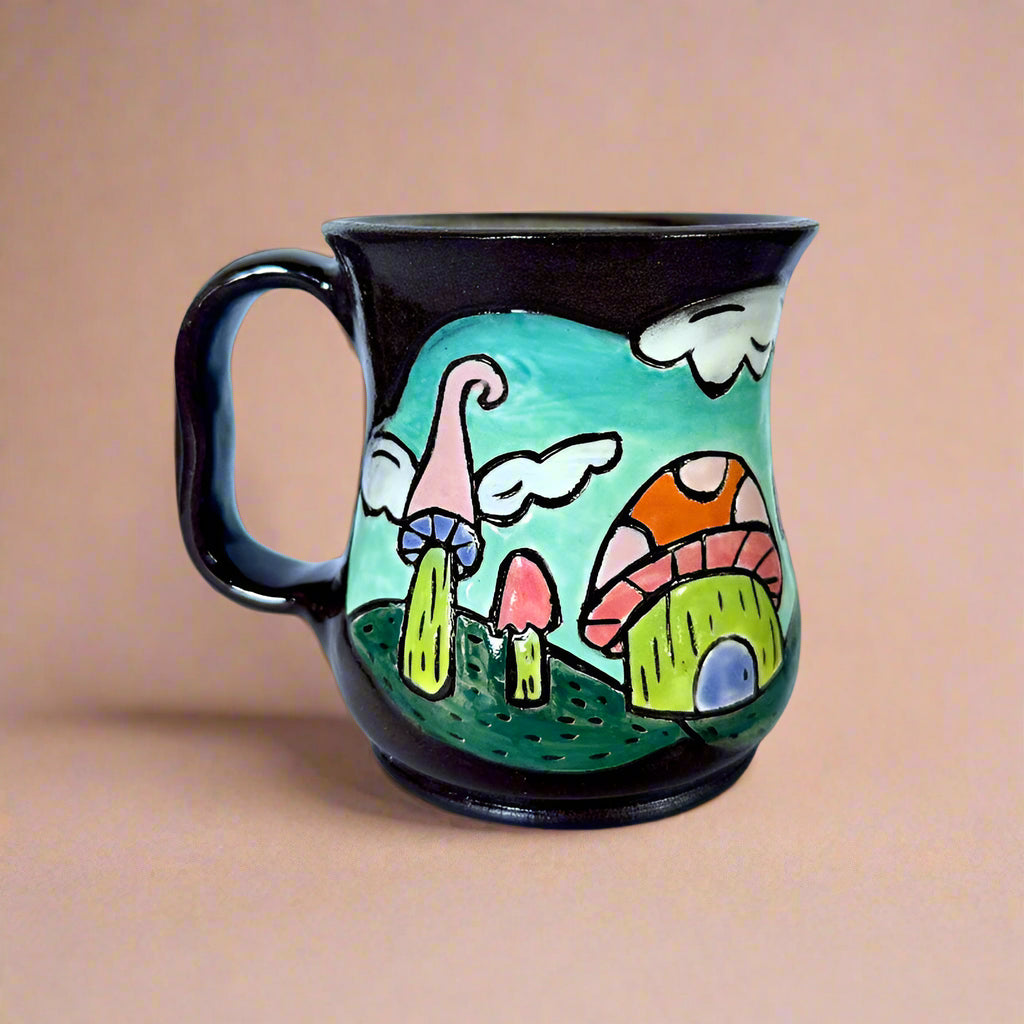 Ceramic mug with a colorful mushroom design on a beige background