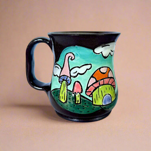 Ceramic mug with a colorful mushroom design on a beige background