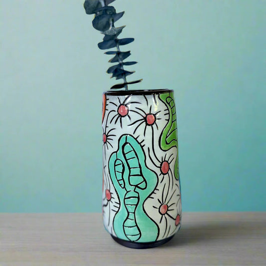 ceramic vase colorful on table blue background light table